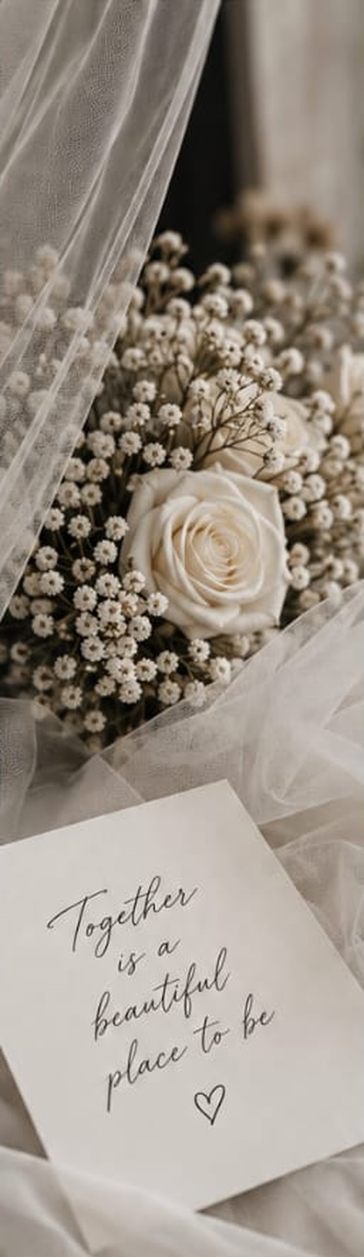 Bouquet of white roses and baby's breath with a card reading 'Together is a beautiful place to be'